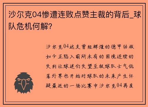 沙尔克04惨遭连败点赞主裁的背后_球队危机何解？