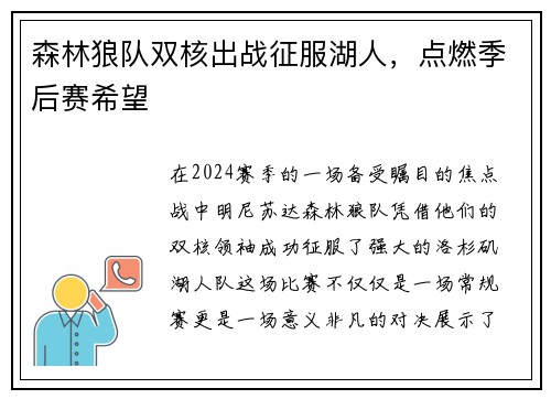 森林狼队双核出战征服湖人，点燃季后赛希望